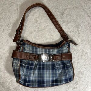 Chaps Blue/Brown Gingham Print Shoulder Purse Preowned
